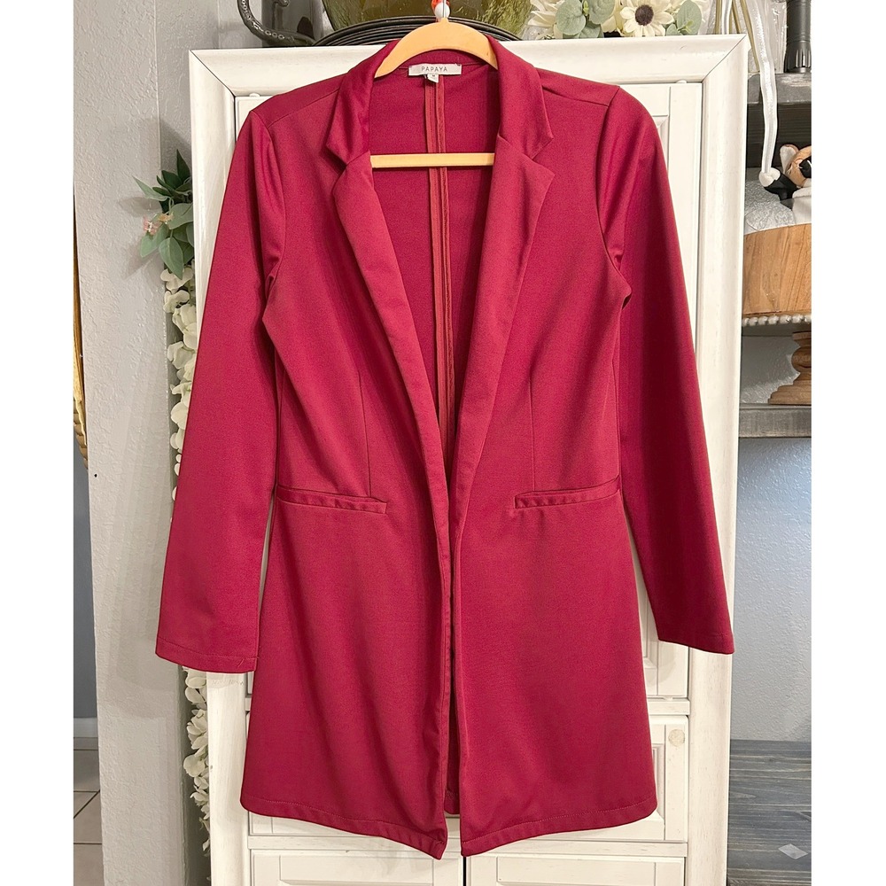 Burgundy Red Open Front Longline Stretch Blazer Jacket MEDIUM Holiday Business